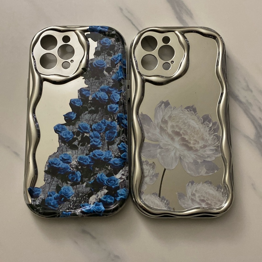 2pcs iPhone 12 Pro Max silver phone cases with floral designs